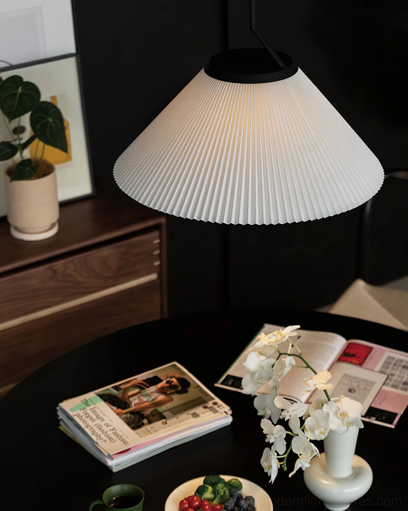 Nebra pleated pendant light fixture - black metal frame and cable suspension system