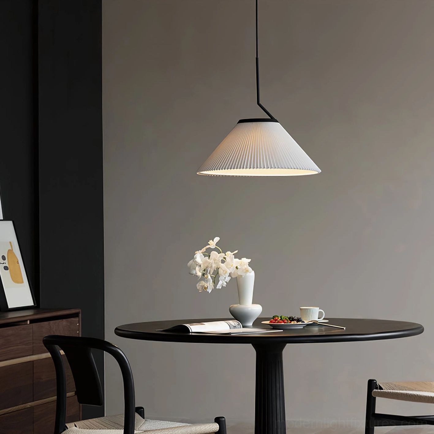 Nebra pleated pendant light low-angle view - Nordic home dining decor with white fabric shade