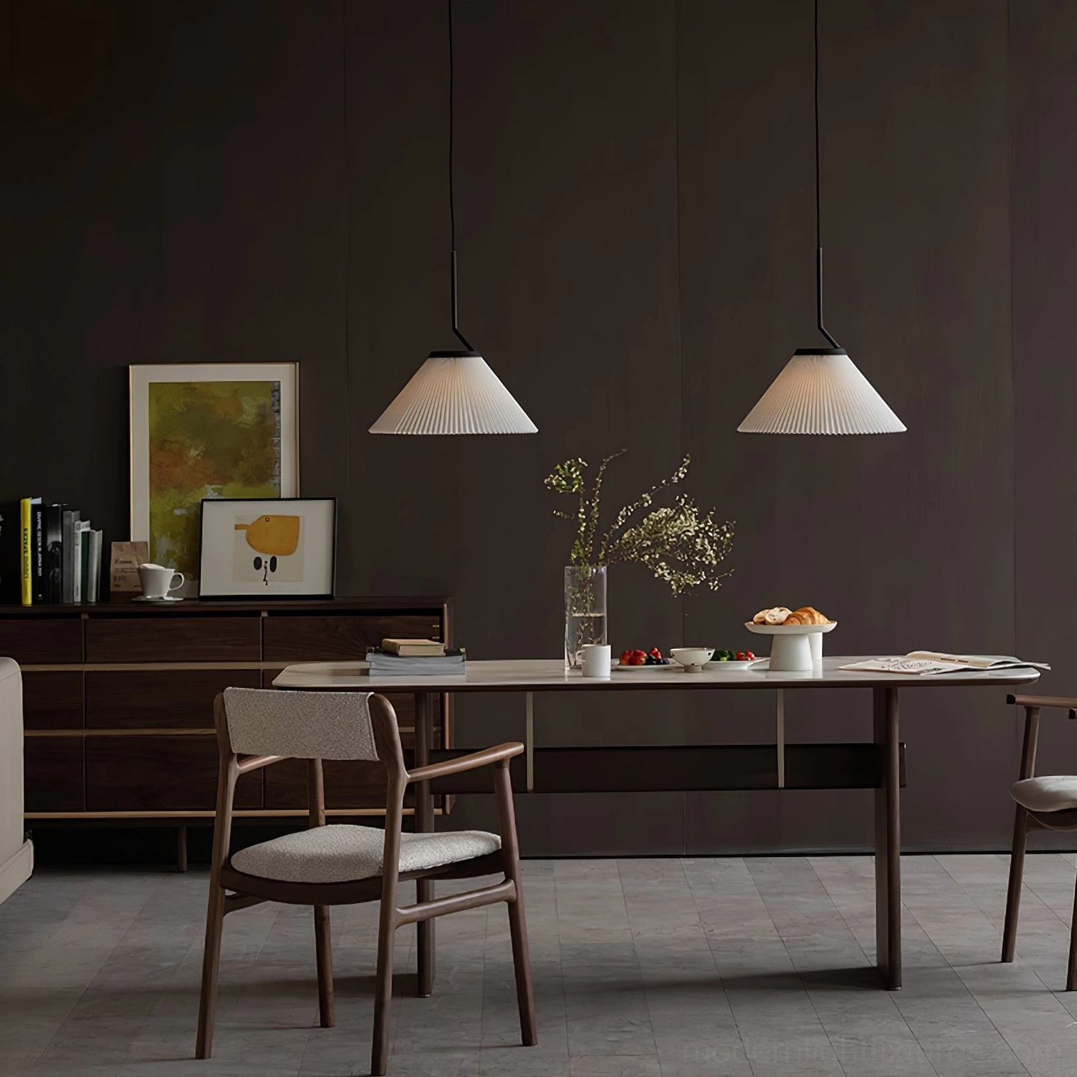 Pair of Nebra pleated pendant lights in formal dining room - contemporary minimalist design with dark walls