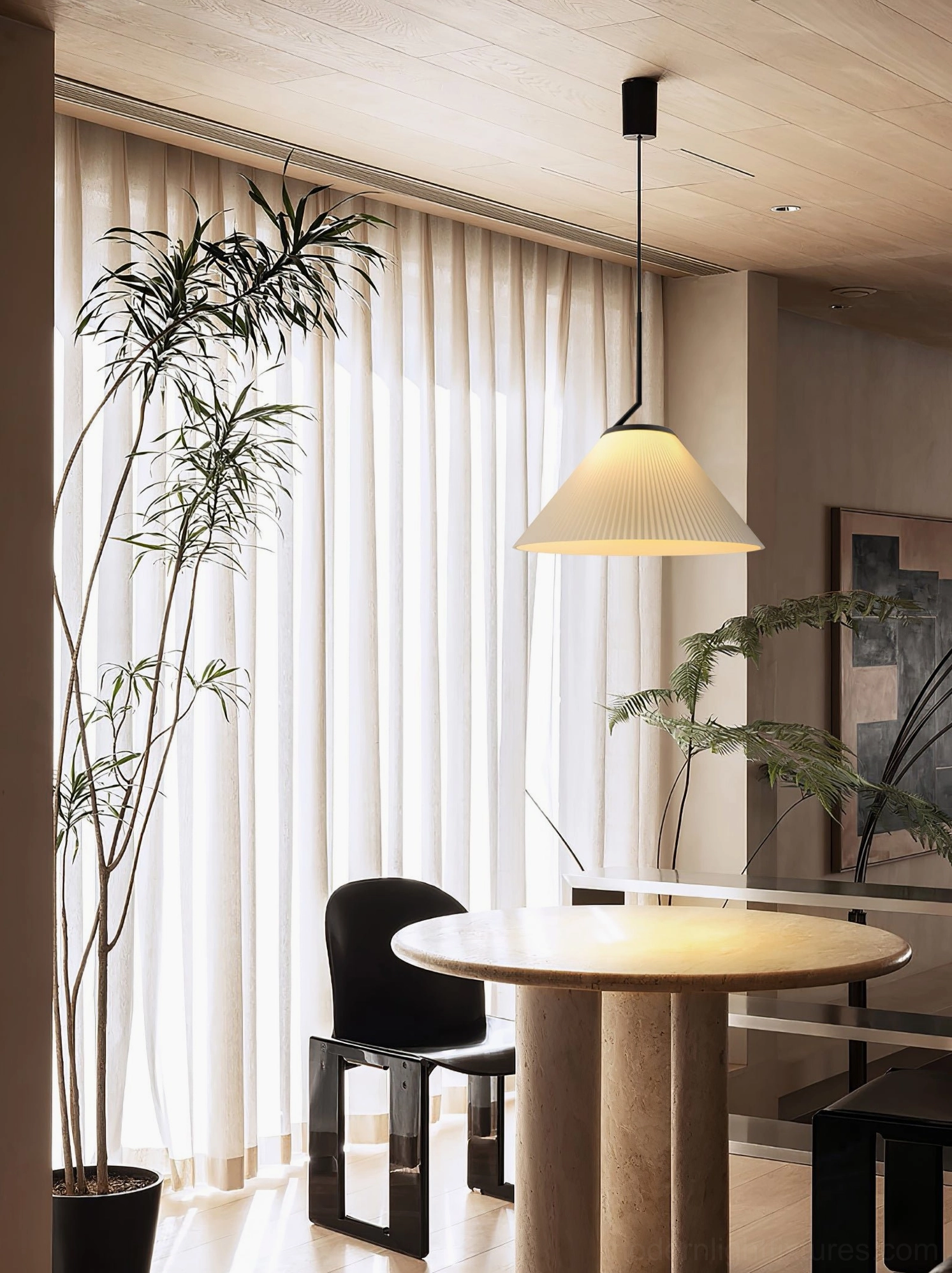 Close-up of Nebra pleated pendant light shade - white PVC fabric pleating detail