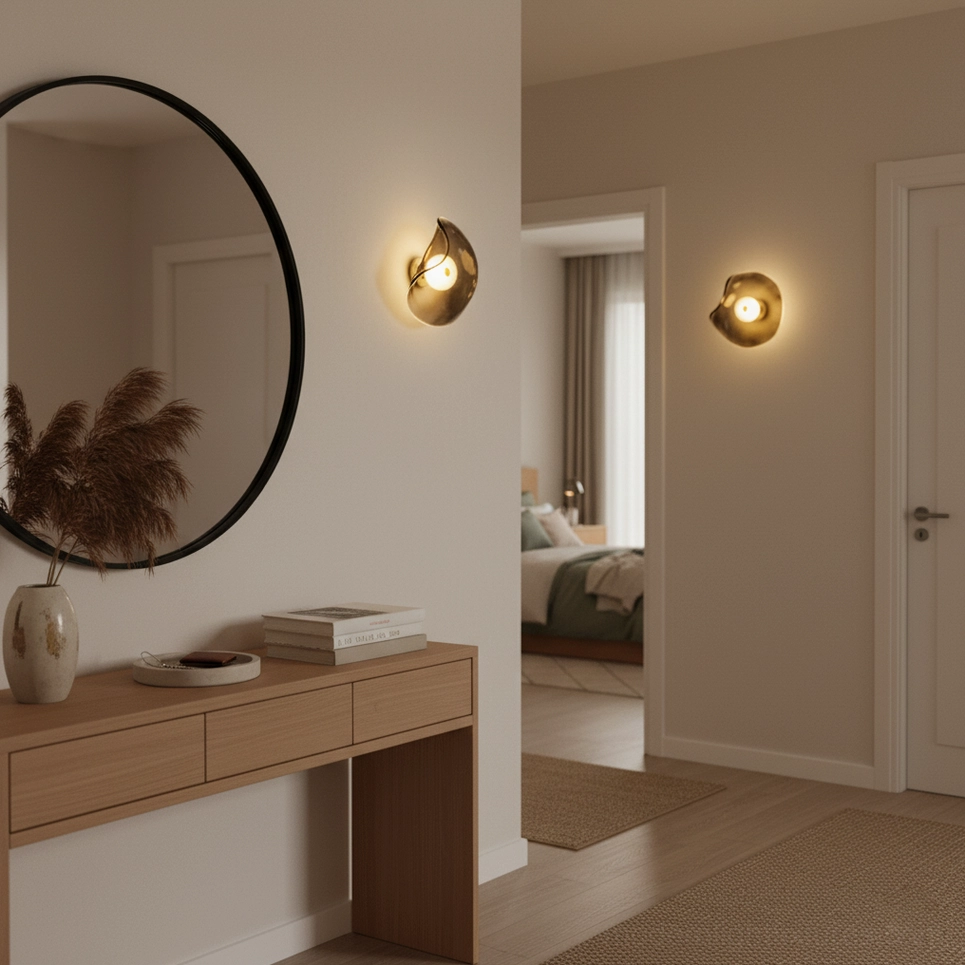 Pair of Nebulae glass wall lamps in home hallway entryway - round wall mirror above wooden console table with accent lighting
