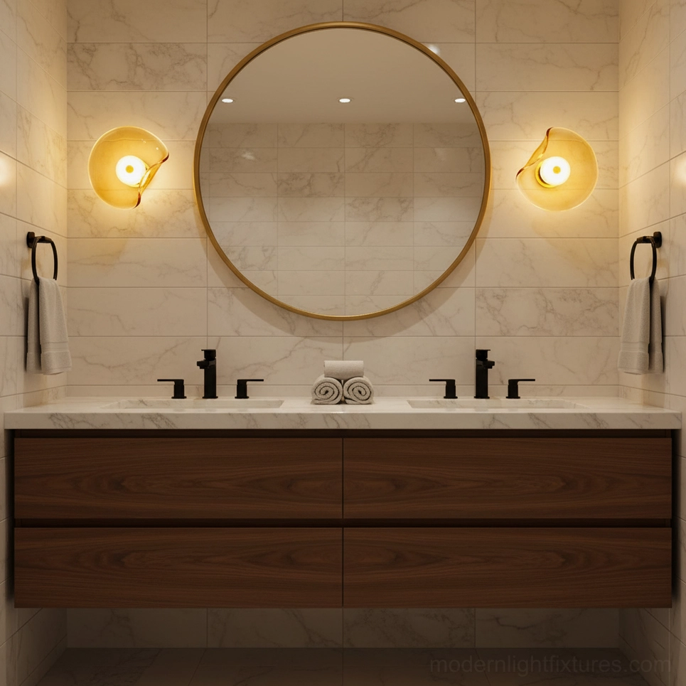 Pair of Nebulae glass wall sconces in luxury bathroom - marble tile walls with gold-framed mirror and amber lighting