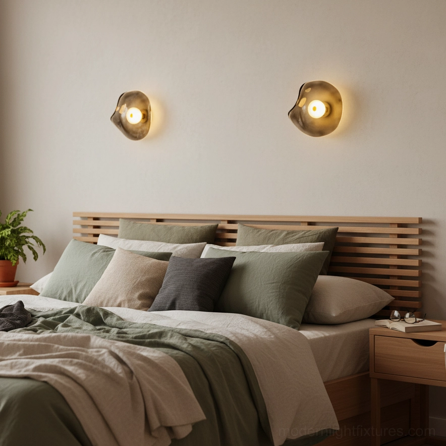 Two matching Nebulae wall sconces in modern bedroom interior - mounted on headboard side walls with warm ambient lighting