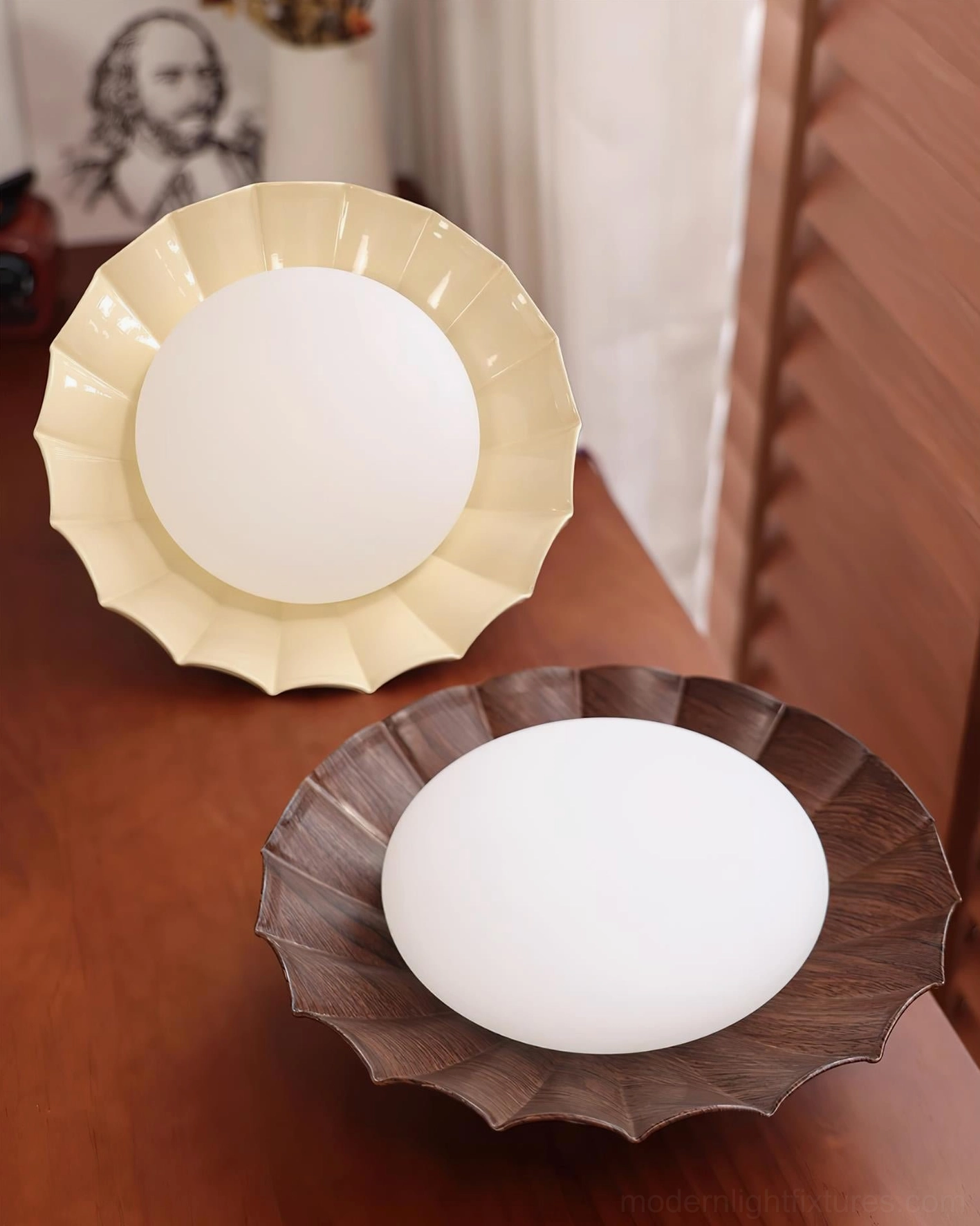 Nephele scalloped ceiling light fixture multiple color finish options displayed, brown beige white walnut