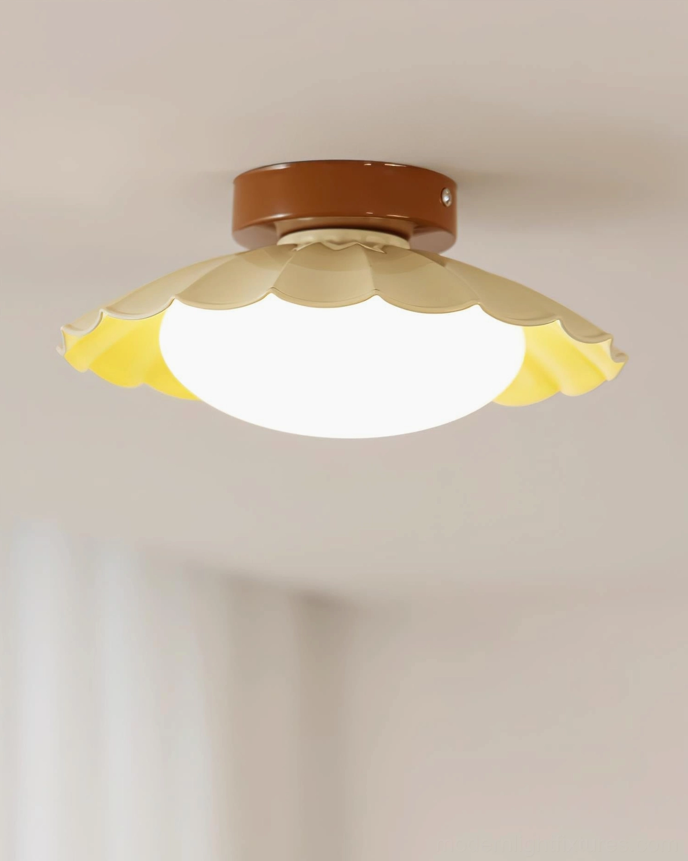 Nephele bathroom ceiling light installation, damp-rated fixture showing warm glow in spa-like setting