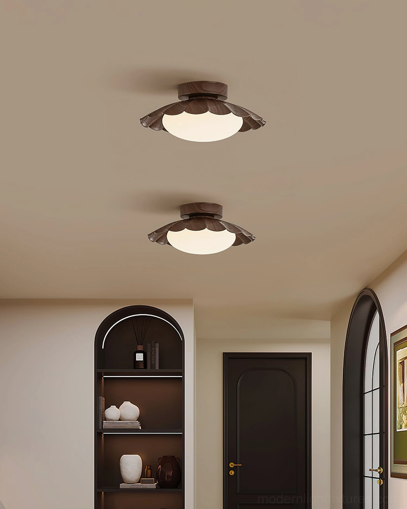 Two Nephele scalloped ceiling lights installed in vintage hallway, showing dual fixtures with matching brown finishes