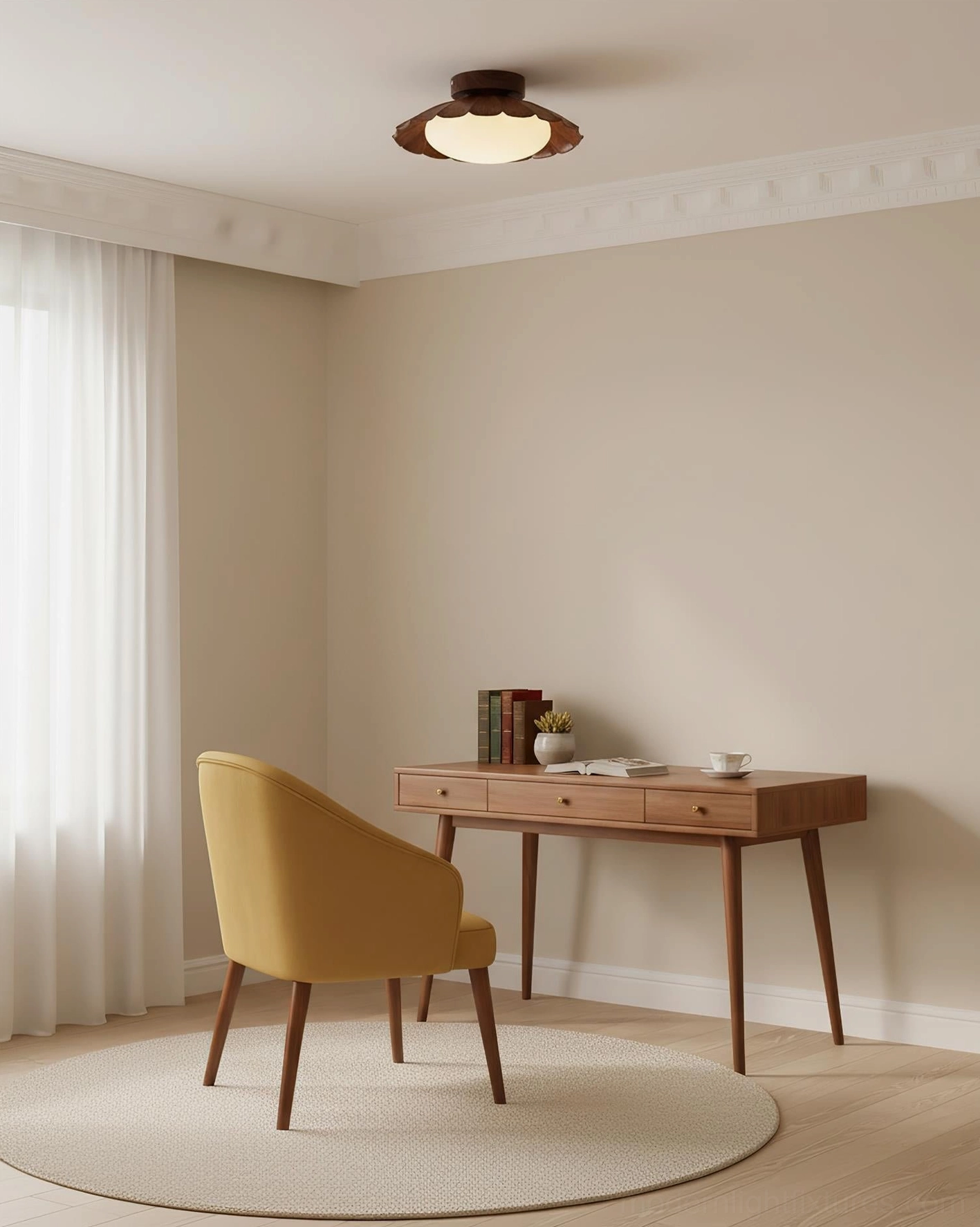 Nephele ceiling light in minimalist home office, wooden desk with yellow chair, neutral warm tones