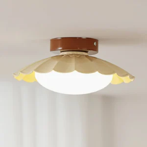 Nephele warm white ceiling light fixture installed overhead, close-up showing soft even glow and brown metal canopy