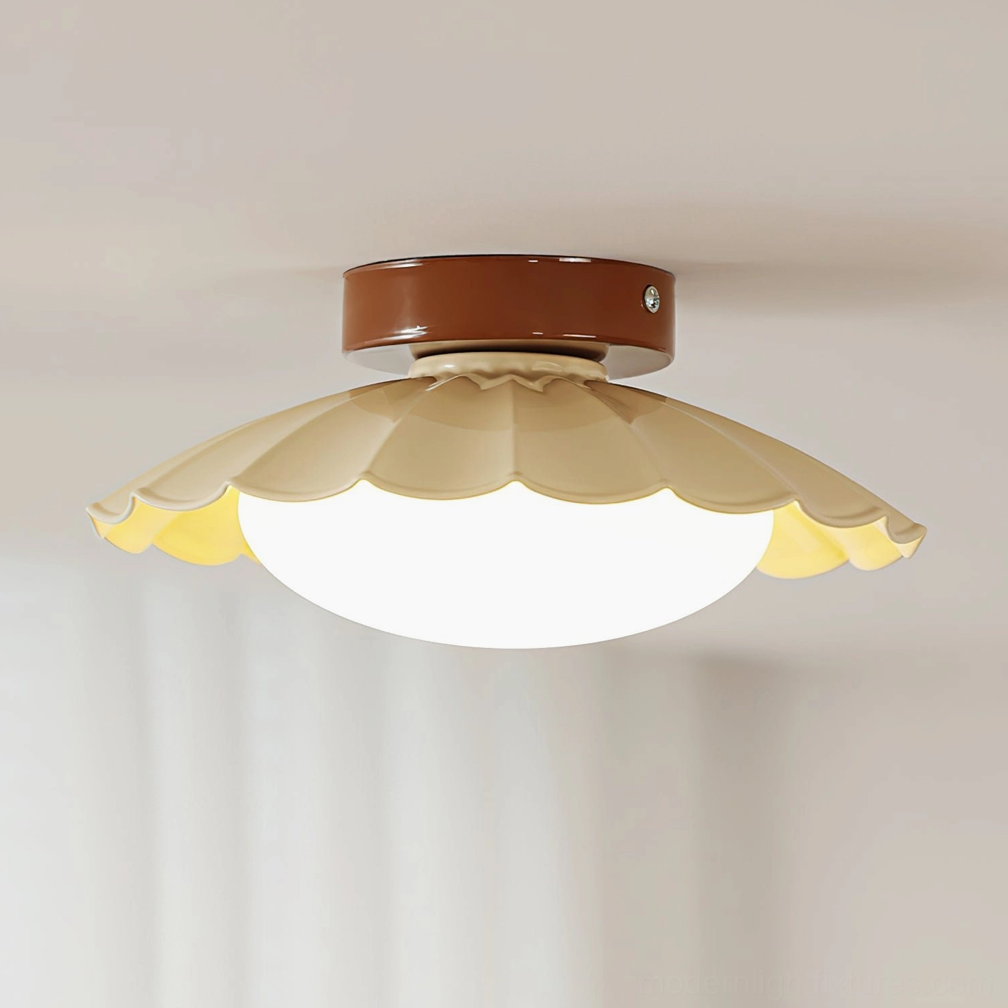 Nephele warm white ceiling light fixture installed overhead, close-up showing soft even glow and brown metal canopy