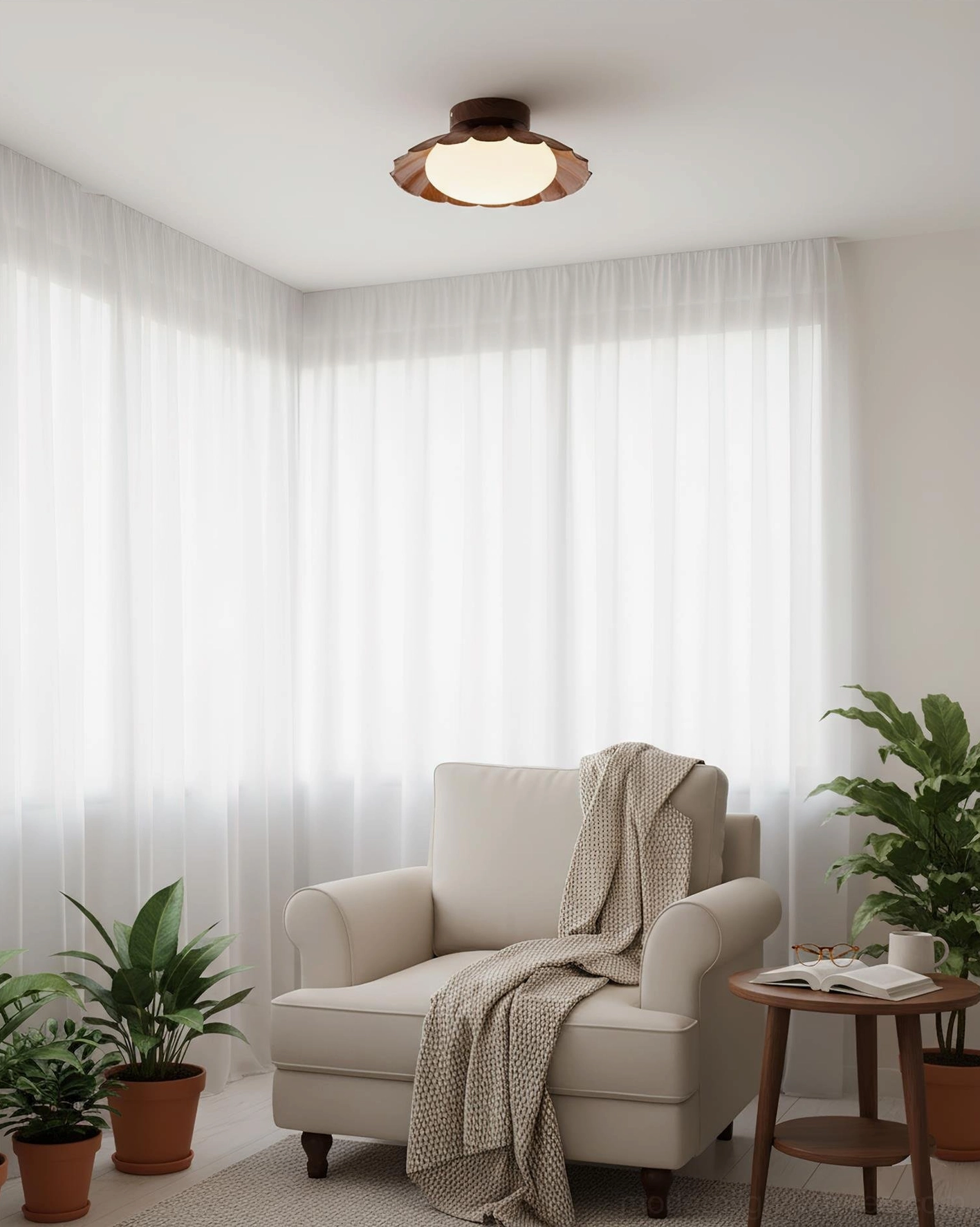 Nephele ceiling light fixture in cozy living room with armchair and plants, soft ambient warm glow