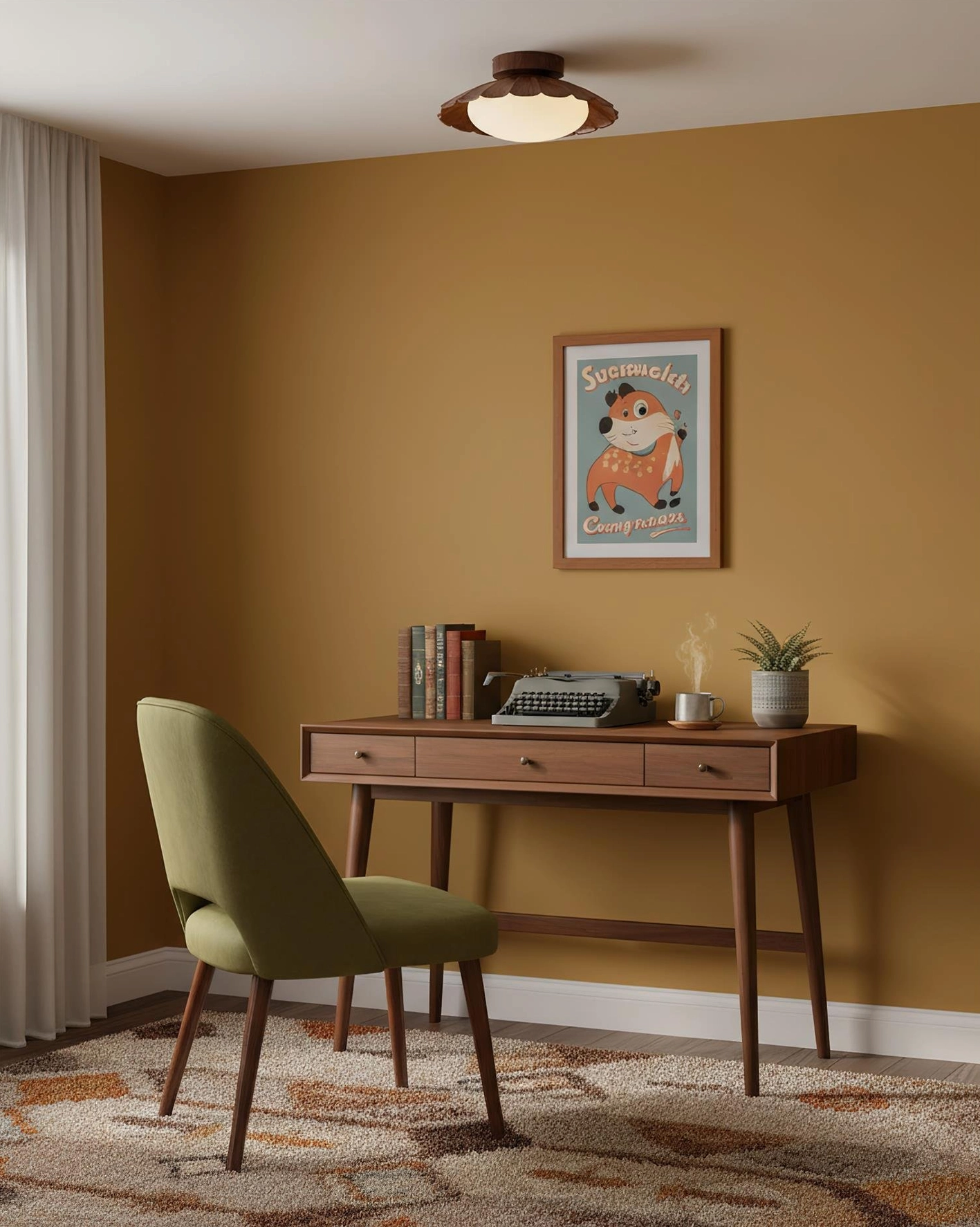 Nephele warm ceiling light in mid-century modern study with wooden desk, warm yellow walls, sculptural design accent