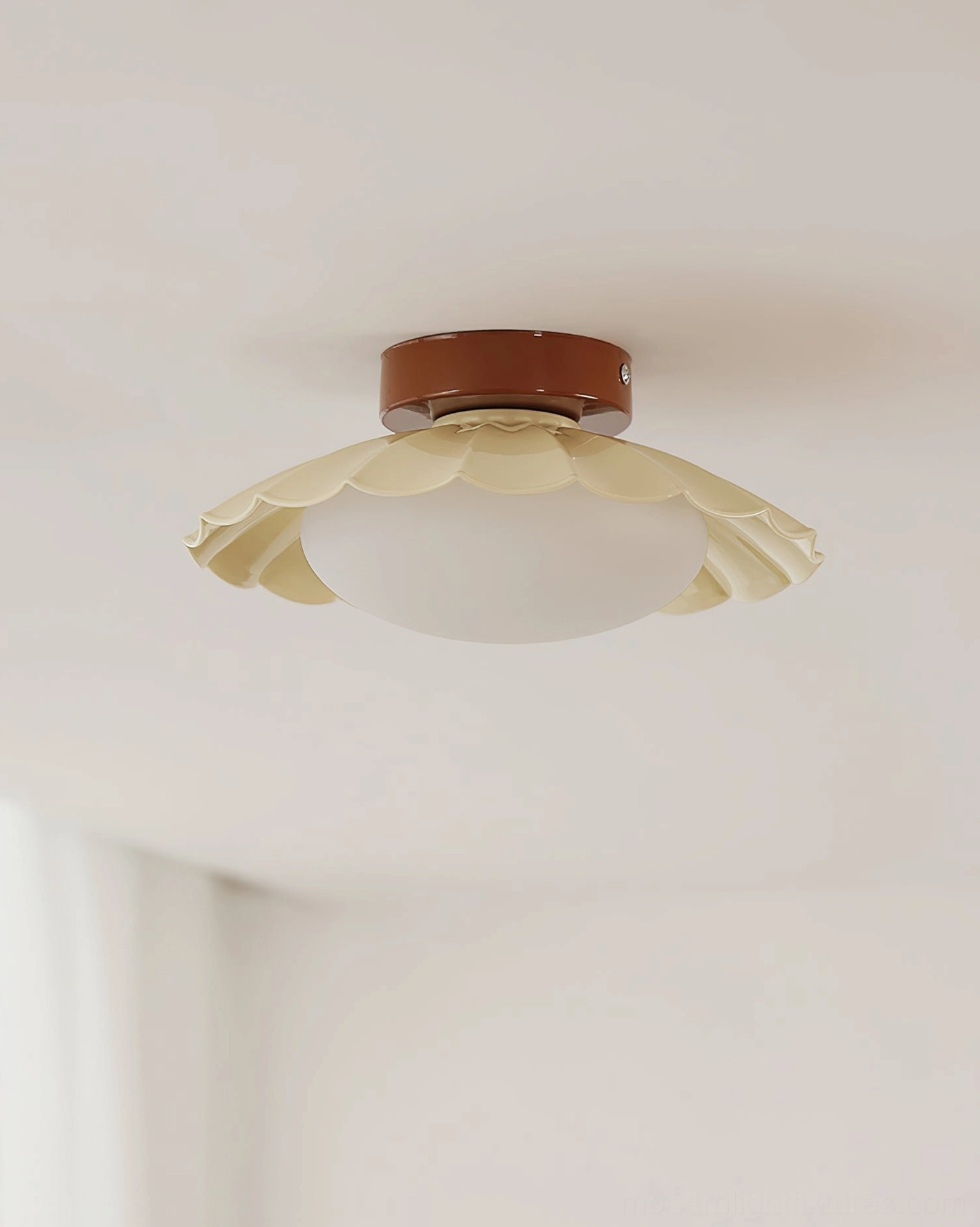 Nephele ceiling light in walnut color finish, modern interior setting with minimalist aesthetic