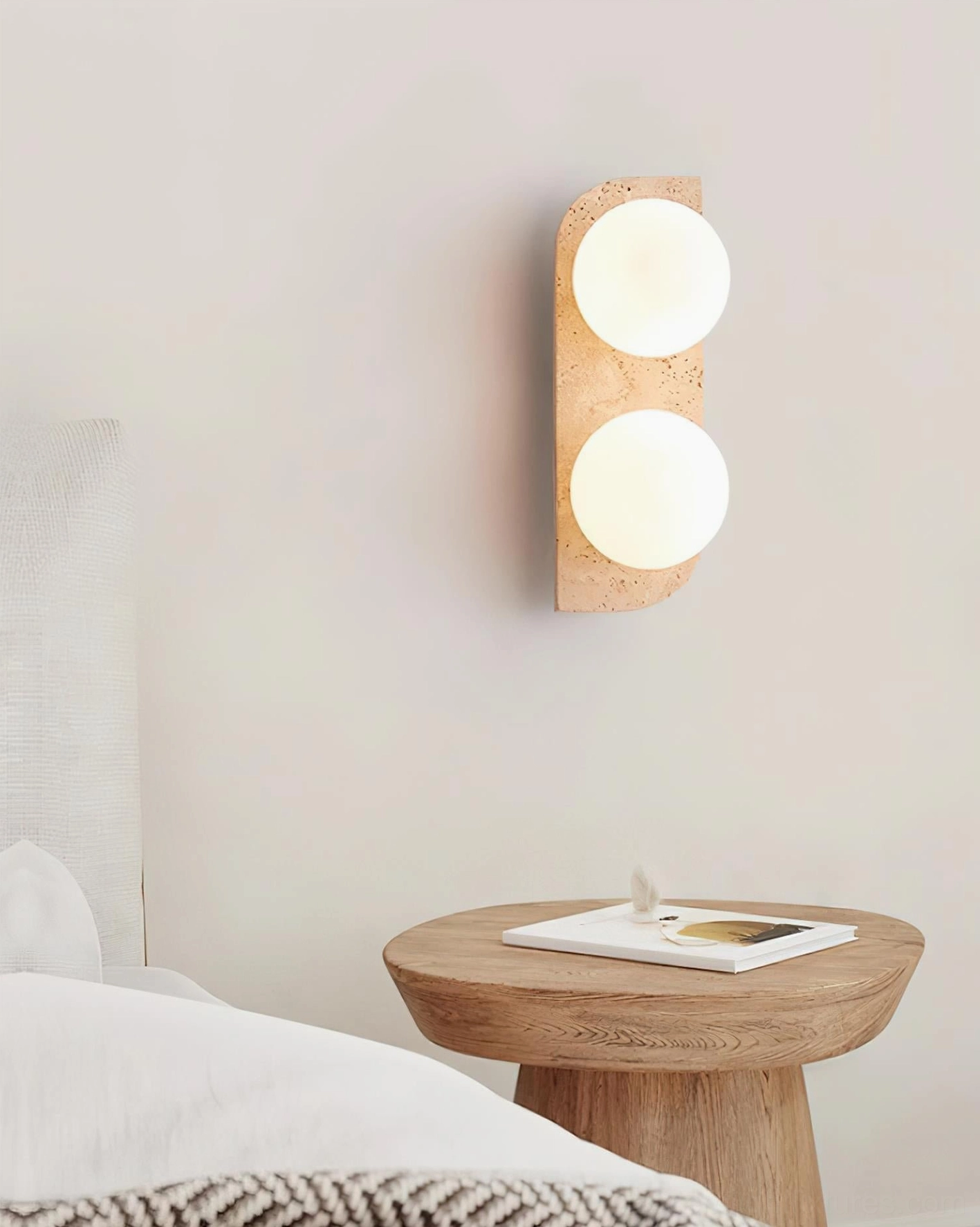 Neptune travertine wall sconce 3-light vertical arrangement bedroom bedside accent lighting design