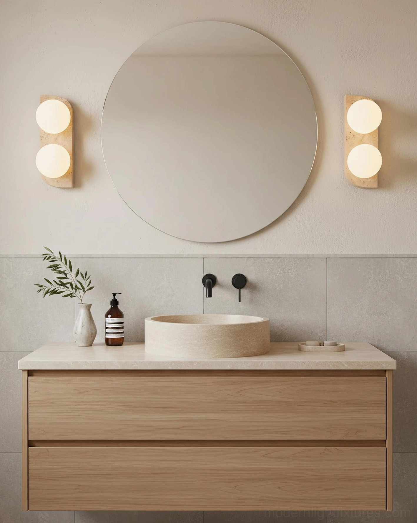 Neptune 3-light travertine wall sconce statement installation contemporary living room wall accent