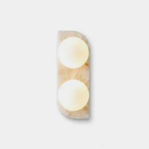 Neptune natural alabaster wall sconce with two opal glass globes, direct frontal studio view on white backdrop