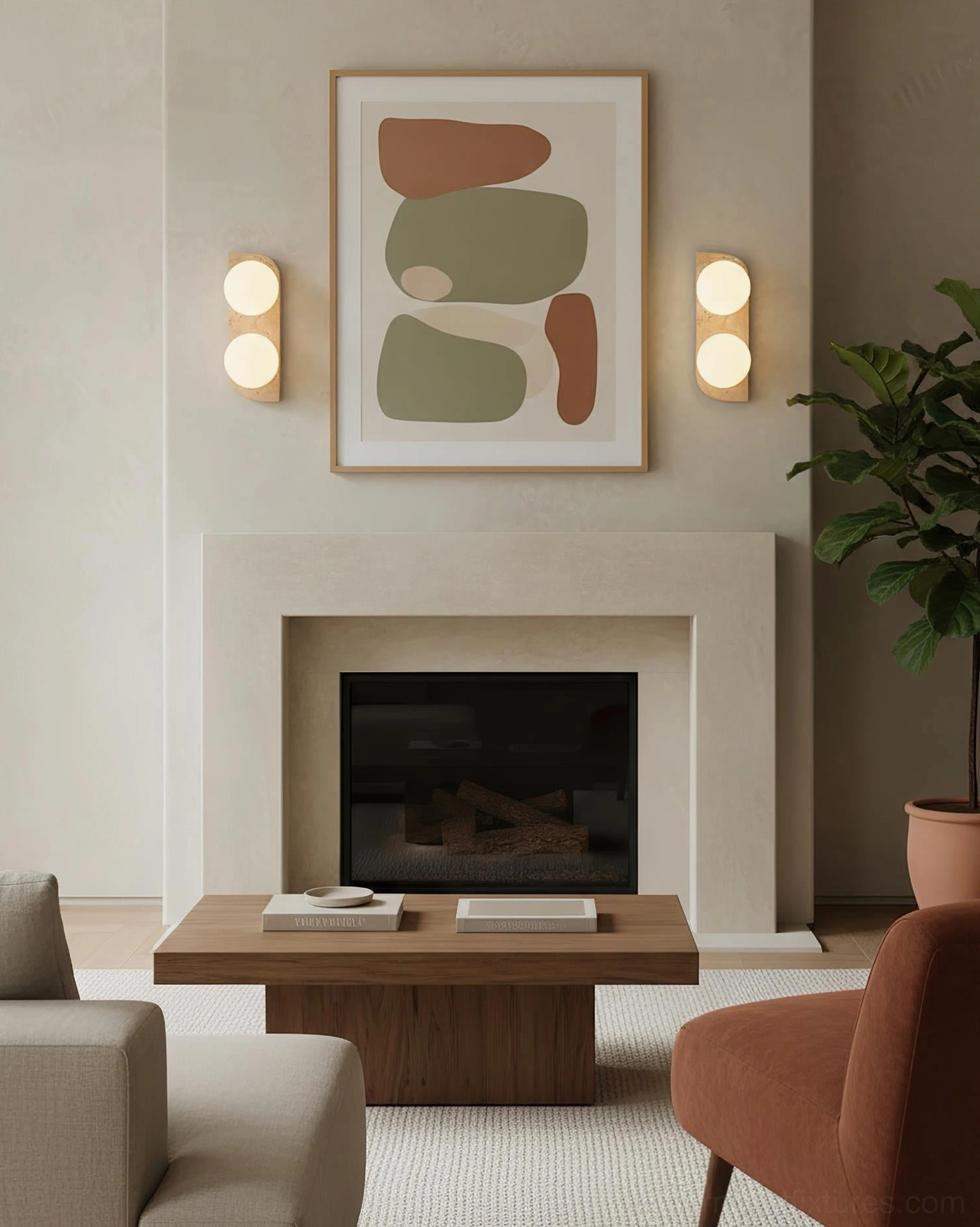 Neptune beige travertine wall sconce single light fixture mounted on accent wall close view