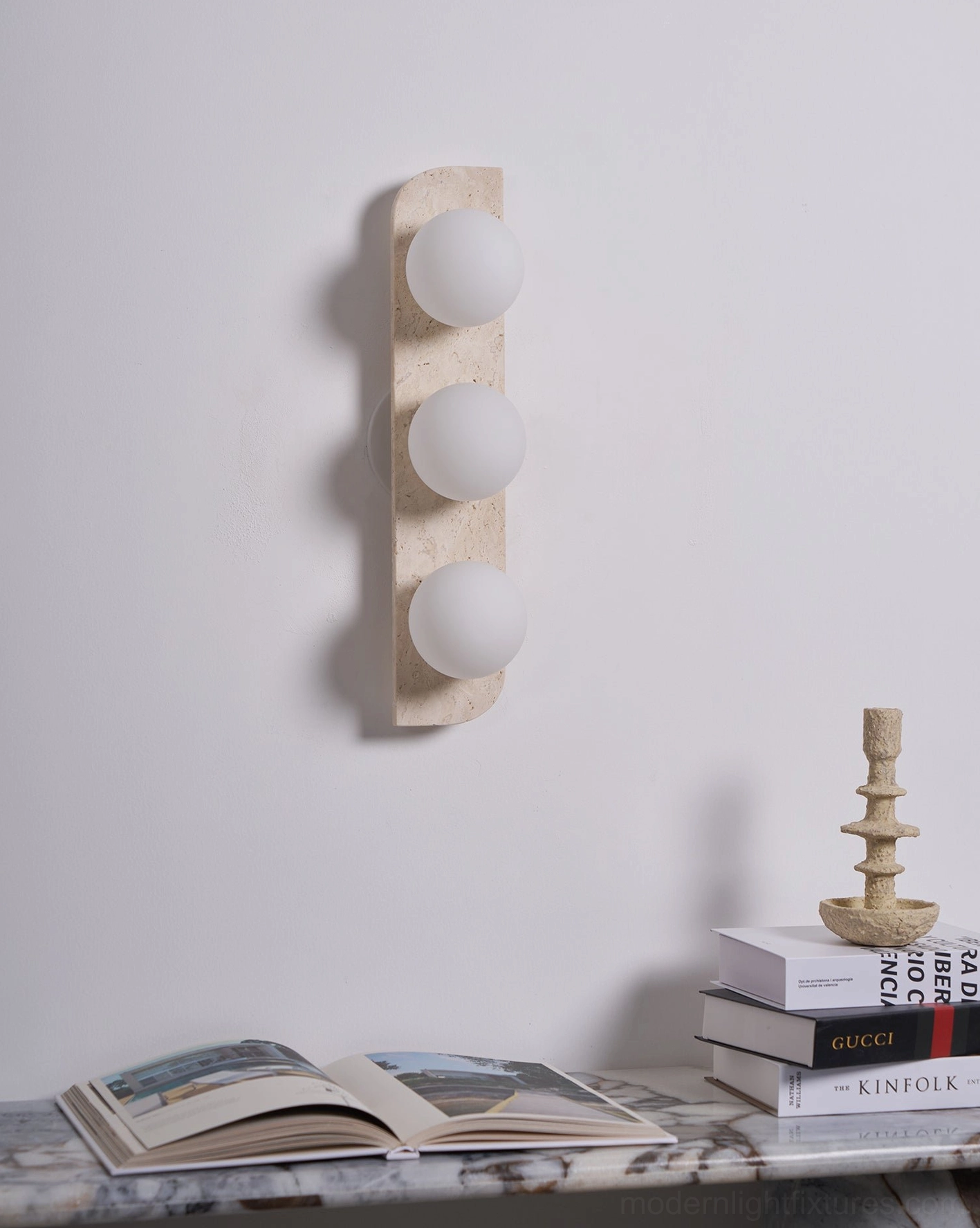 Neptune travertine wall sconce color palette beige white walnut natural stone material options