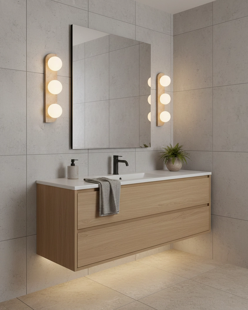 Neptune travertine wall sconce with frosted glass and vertical stone column architectural design