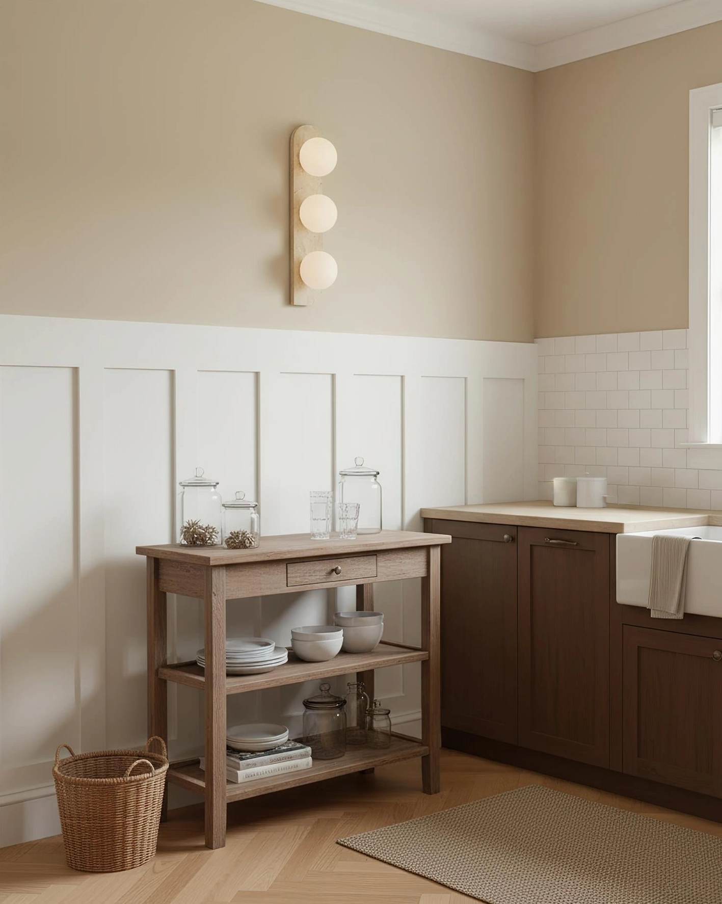 Neptune 3-light travertine wall sconce in farmhouse kitchen dining area creating warm ambient lighting