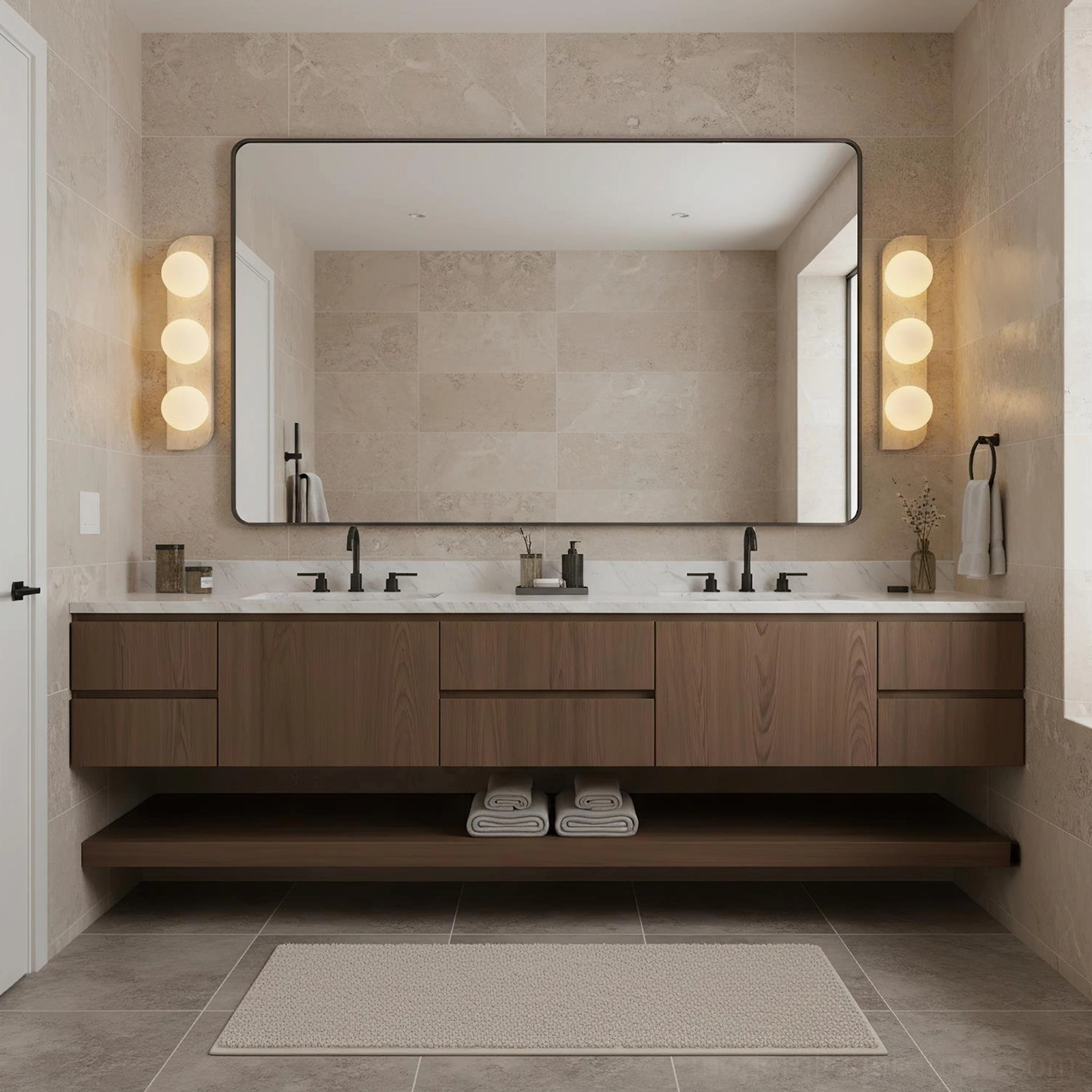 Neptune travertine wall sconce paired as bathroom vanity lighting in modern luxury bathroom interior