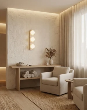 Neptune three-globe vertical wall sconce mounted in modern neutral living room with textured plaster walls and warm decor