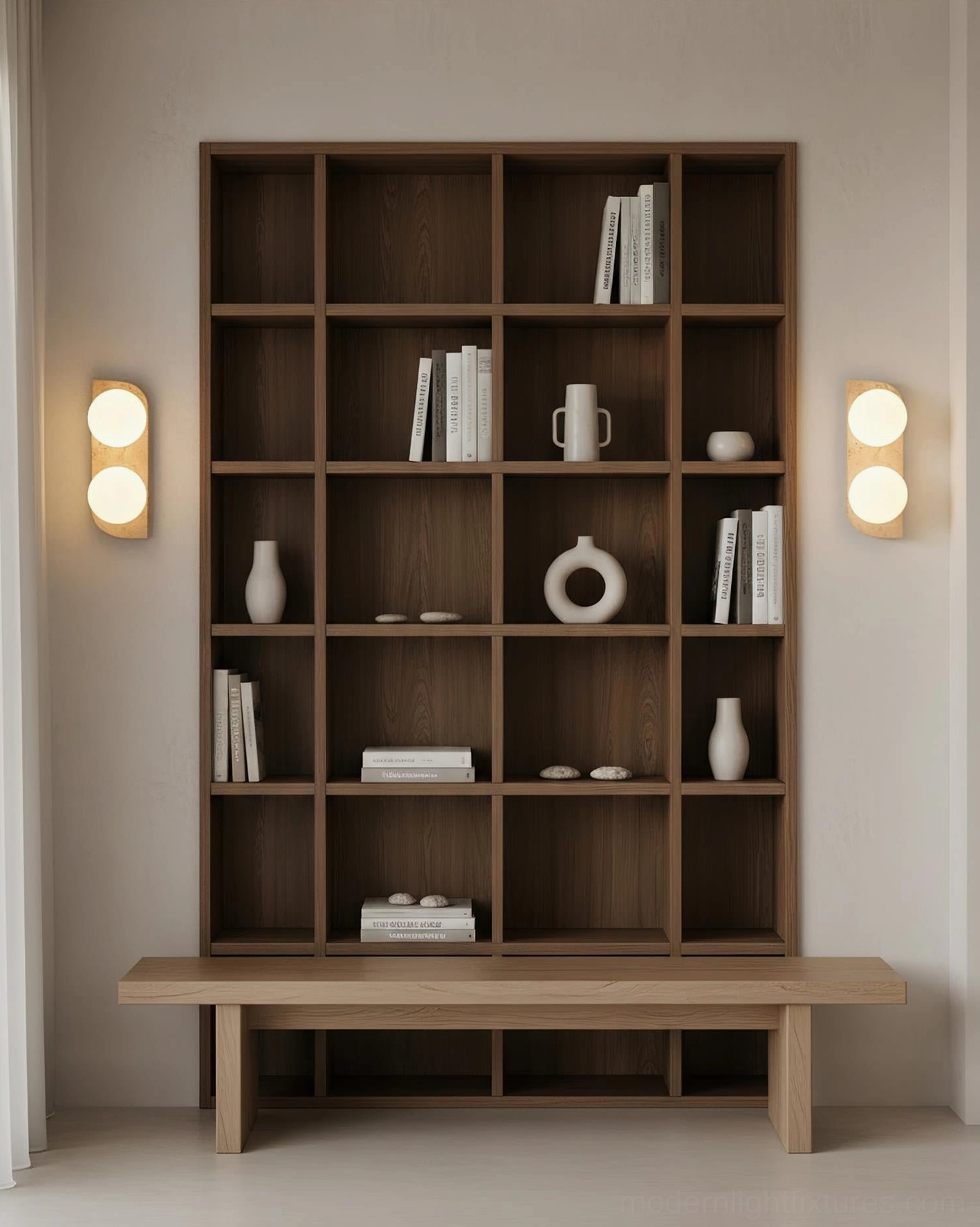 Neptune white travertine wall sconce pair installation flanking mirror in modern bedroom design