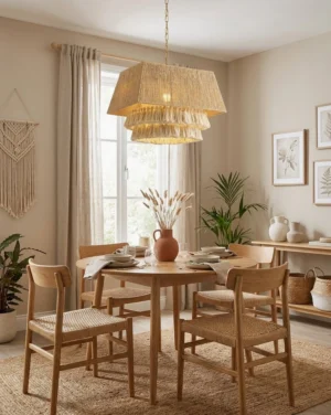 Nerisa bohemian jute pendant light hanging over formal wooden dining table in warm neutral dining room interior, coastal boho style