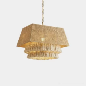 Nerisa hand-woven jute rectangular pendant light with double-tier cotton cream fringe and brass-tone chain, front overhead view on isolated background