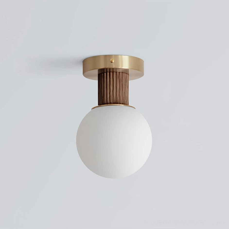 Neroma frosted globe ceiling light close-up product shot showing brass base wood stem and white shade detail