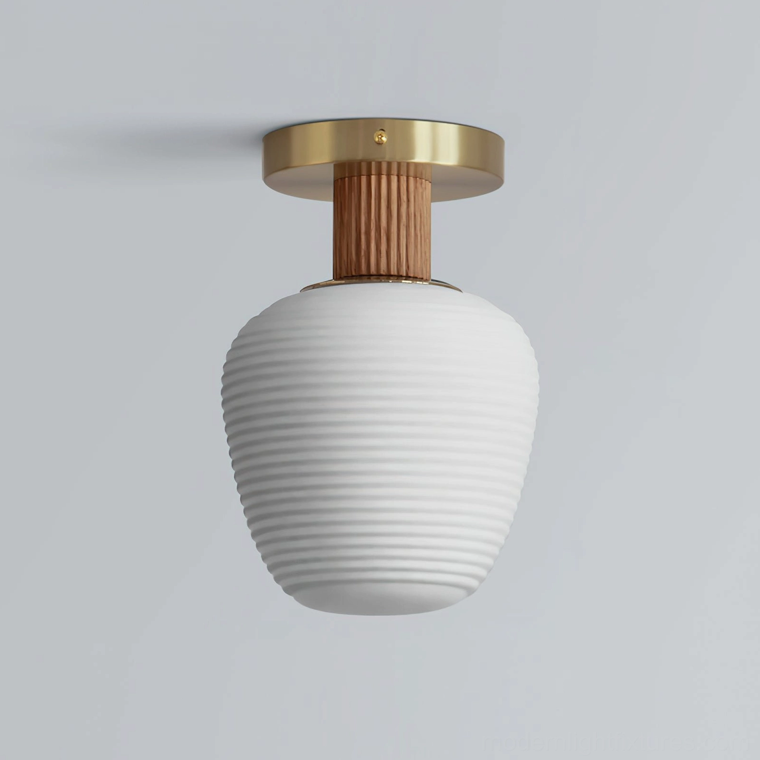 Neroma Model B 20cm ribbed frosted ceiling light wood color and white finish variant detail