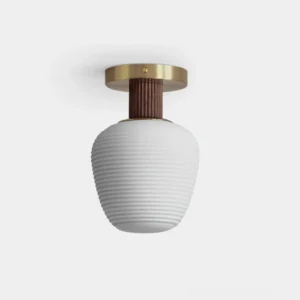 Neroma frosted glass ceiling light fixture with ribbed ceramic shade, brass metal canopy, and wood accent connector in studio view