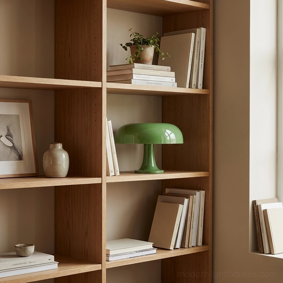 Nessino mushroom table lamp displayed on wooden bookshelf decoration