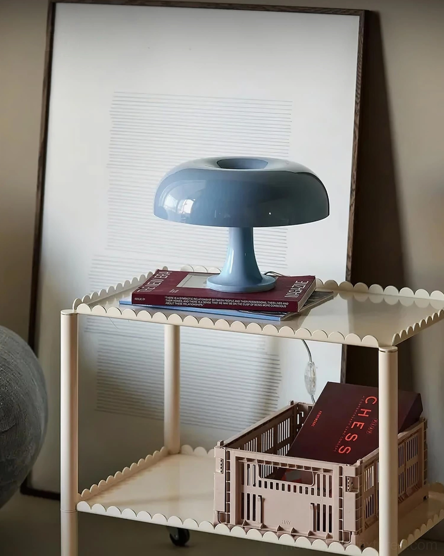 Nessino mushroom table lamp on decorative trolley home interior styling