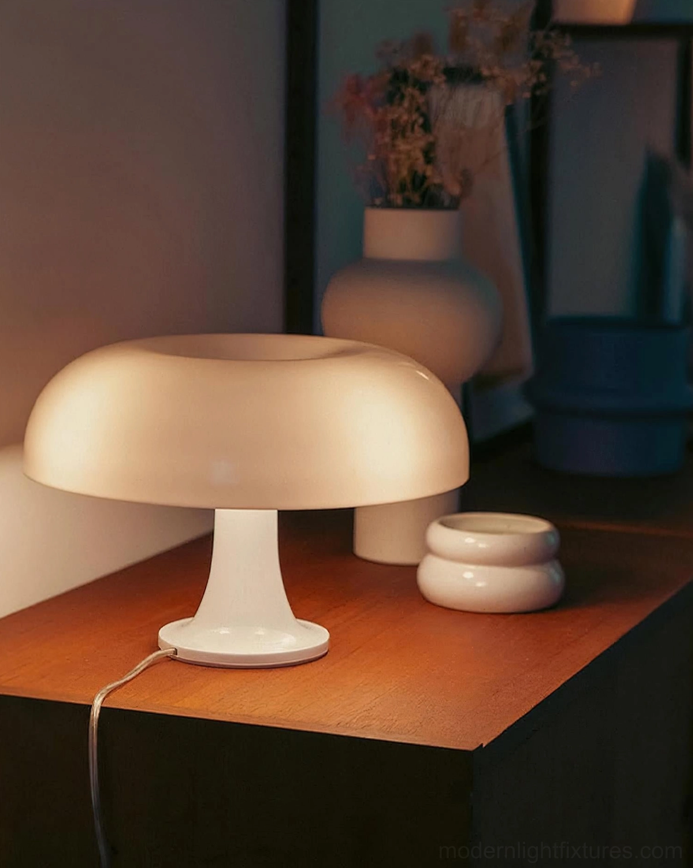 Nessino mushroom table lamp off-white matte finish wooden side table