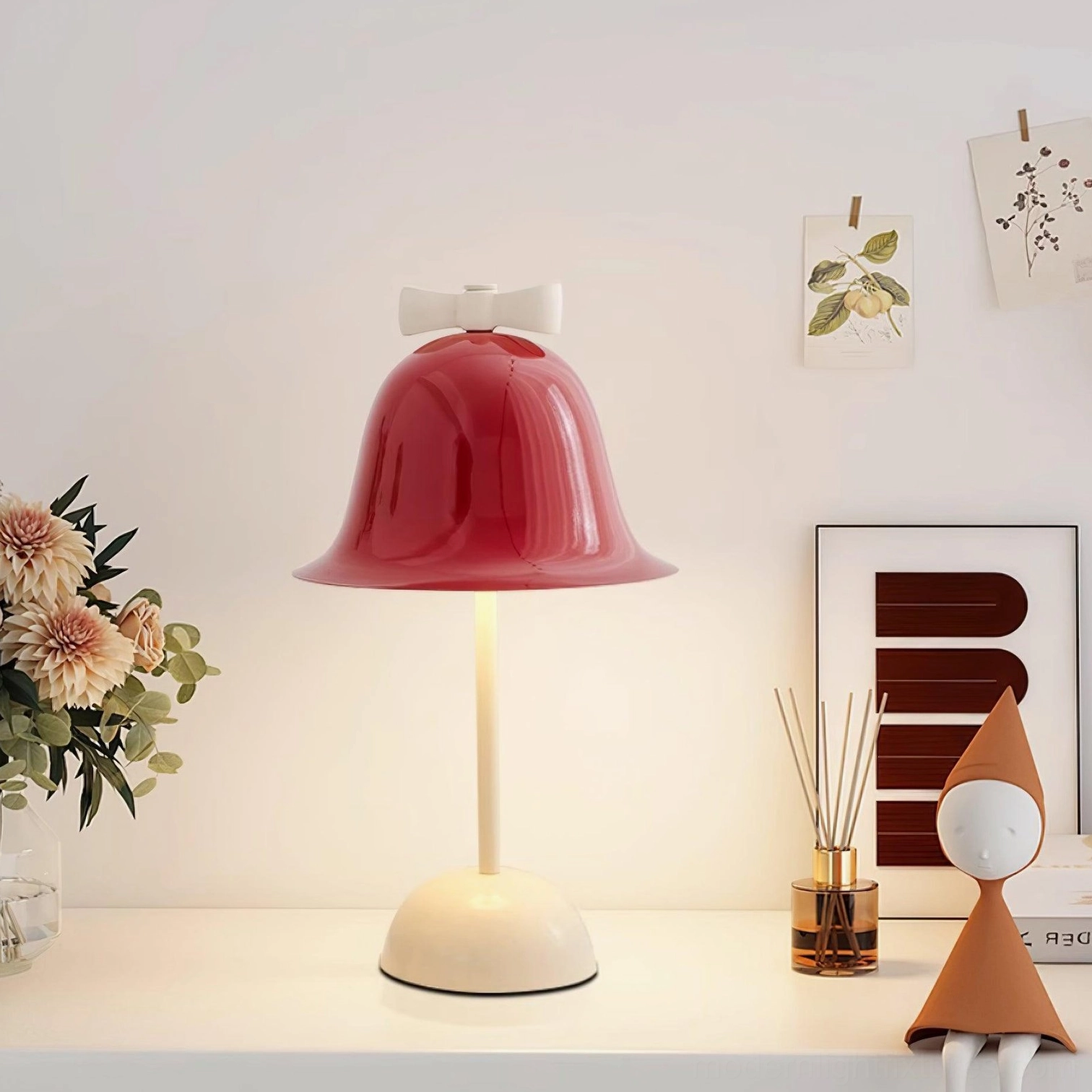 Modern minimalist table lamp creating warm ambient lighting in eclectic interior space