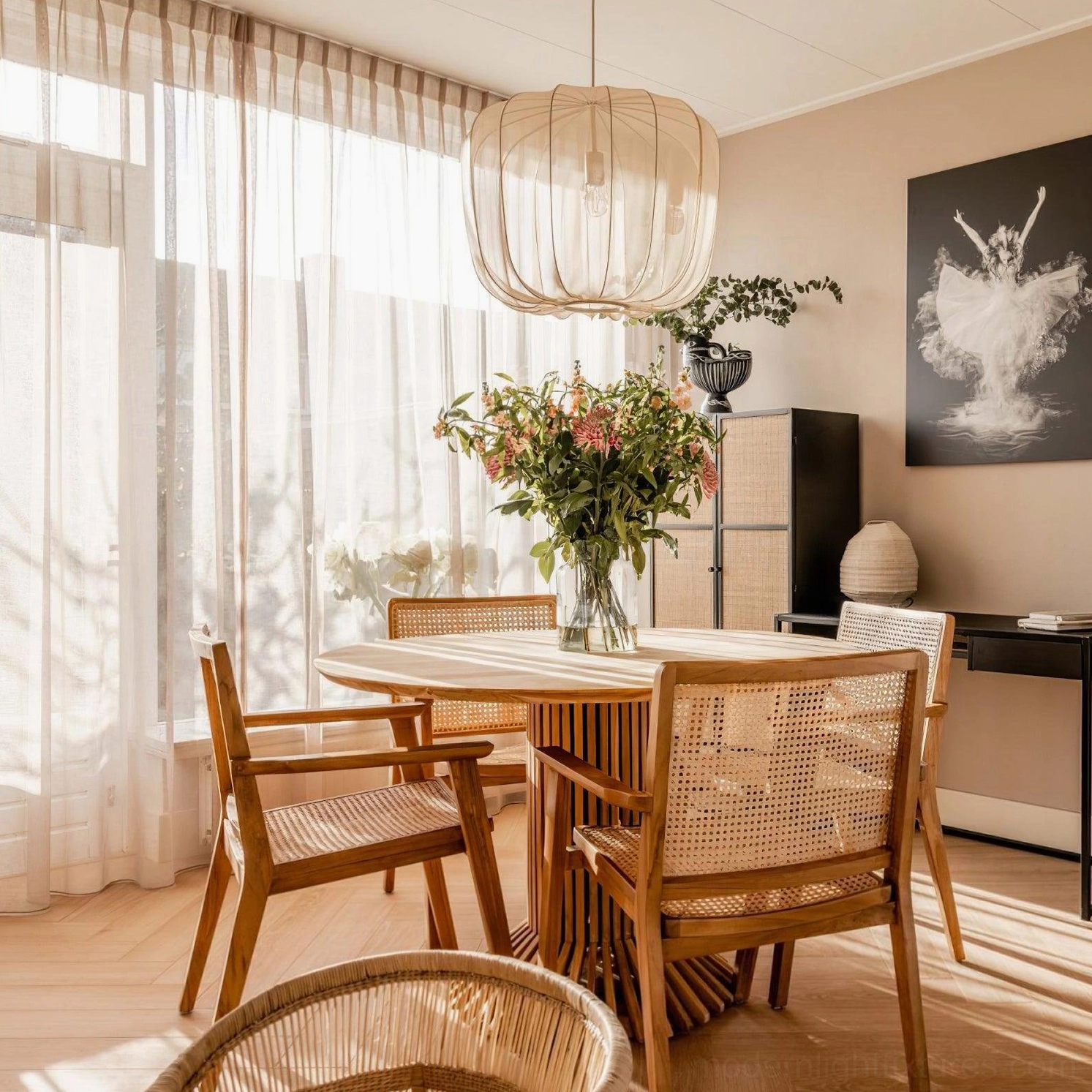 Beige ribbed fabric Nevola pendant in sunlit dining room, warm contemporary home interior ambiance
