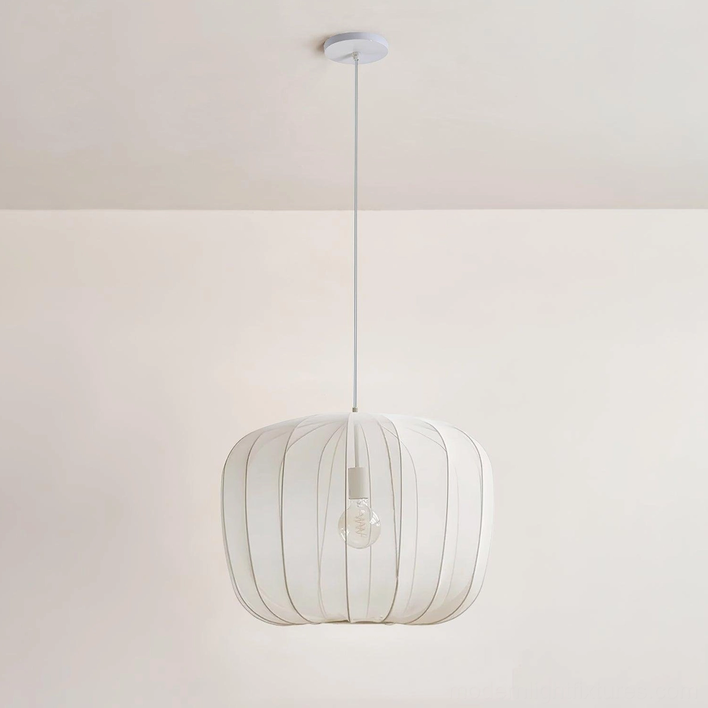 White Nevola pumpkin-shaped fabric pendant light ceiling mounted, minimalist studio product photography