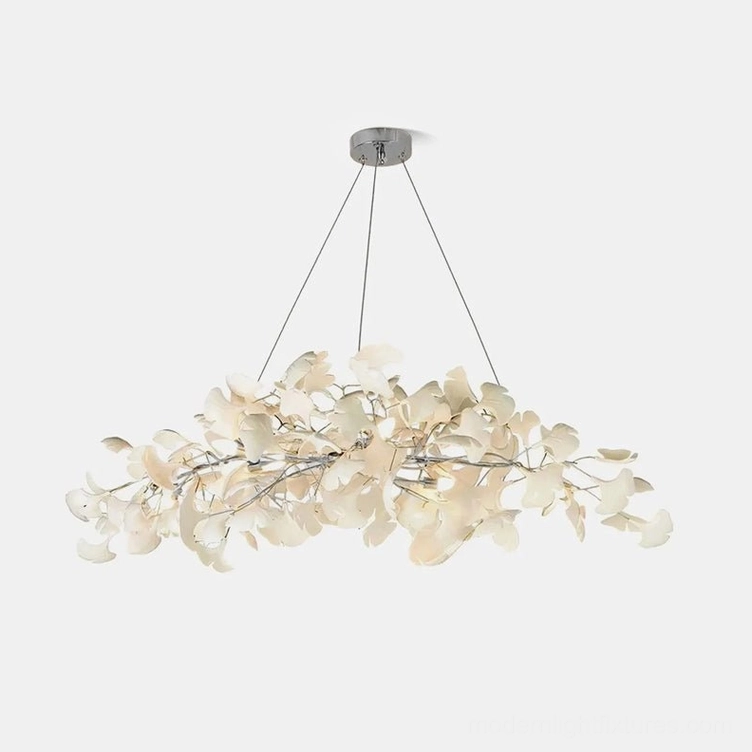 Nickel ginkgo leaf linear chandelier with white ceramic leaves and cool metallic contemporary finish