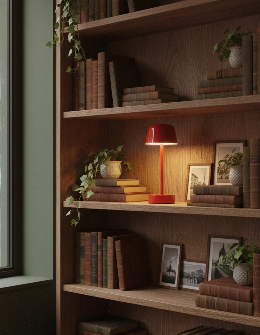 Yellow cordless LED table lamp paired with decorative pots and succulent plants minimalist shelf styling