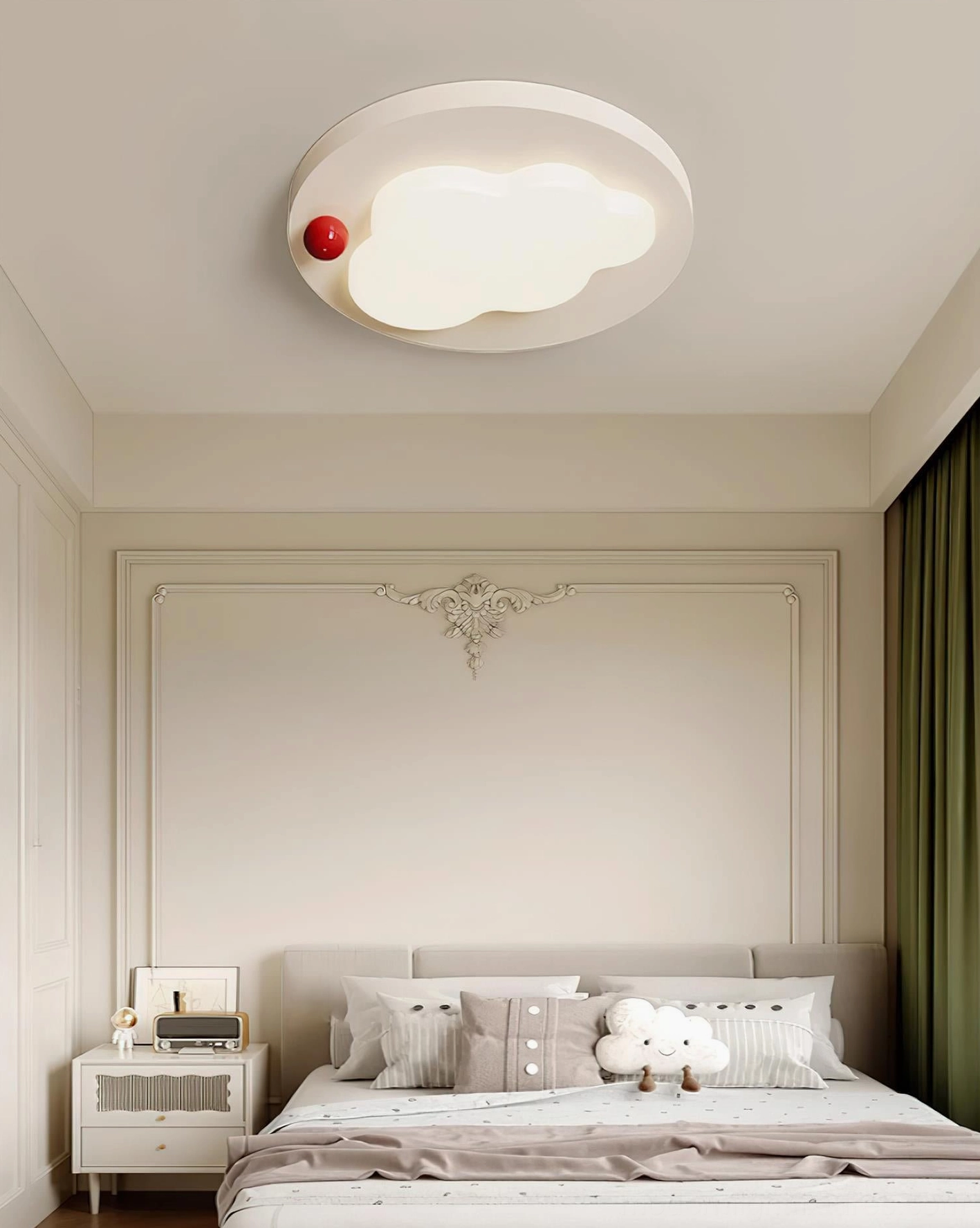 Niera modern ceiling light installed in master bedroom with decorative wall relief and minimalist neutral aesthetic