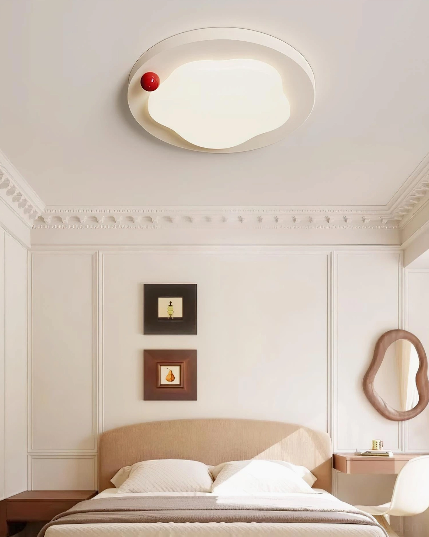 Niera modern ceiling light installed in cream-toned French-style bedroom with wall moldings and neutral decor