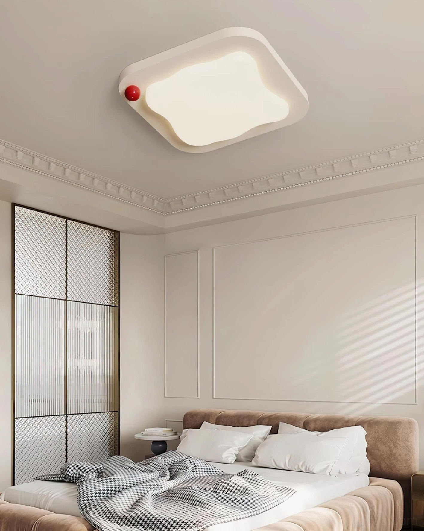 Niera square cloud ceiling light fixture mounted in contemporary bedroom with glass partition and warm lighting