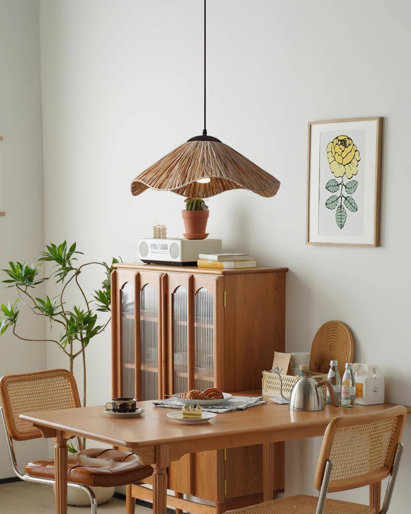Natural rattan wavy pendant light fixture detail shot showing walnut wood frame and weave craftsmanship