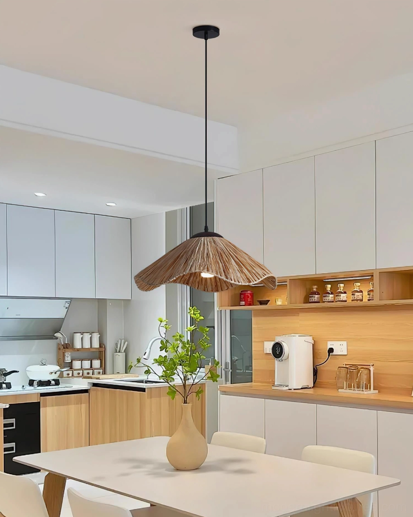 Nikita bohemian rattan pendant light installation with adjustable hanging cord in ceiling fixture