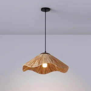 Natural rattan wavy pendant lamp three-quarter side view showing organic flowing design with black ceiling hardware