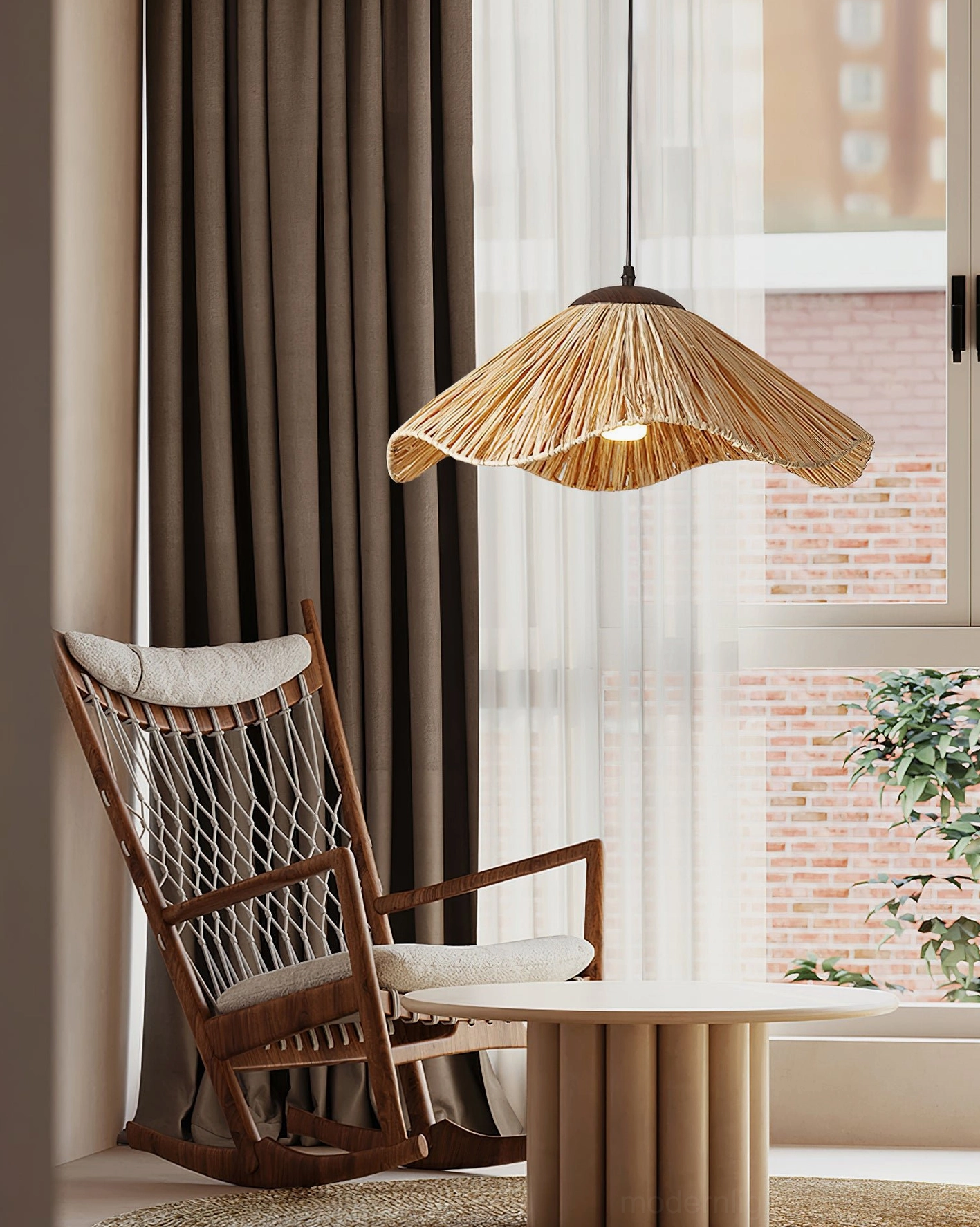 Wavy rattan pendant light in cozy lounge area beside window with woven chair and natural lighting