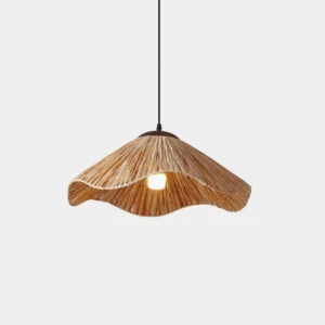 Nikita wavy rattan pendant light with natural woven shade, overhead studio view showing sculptural wave design