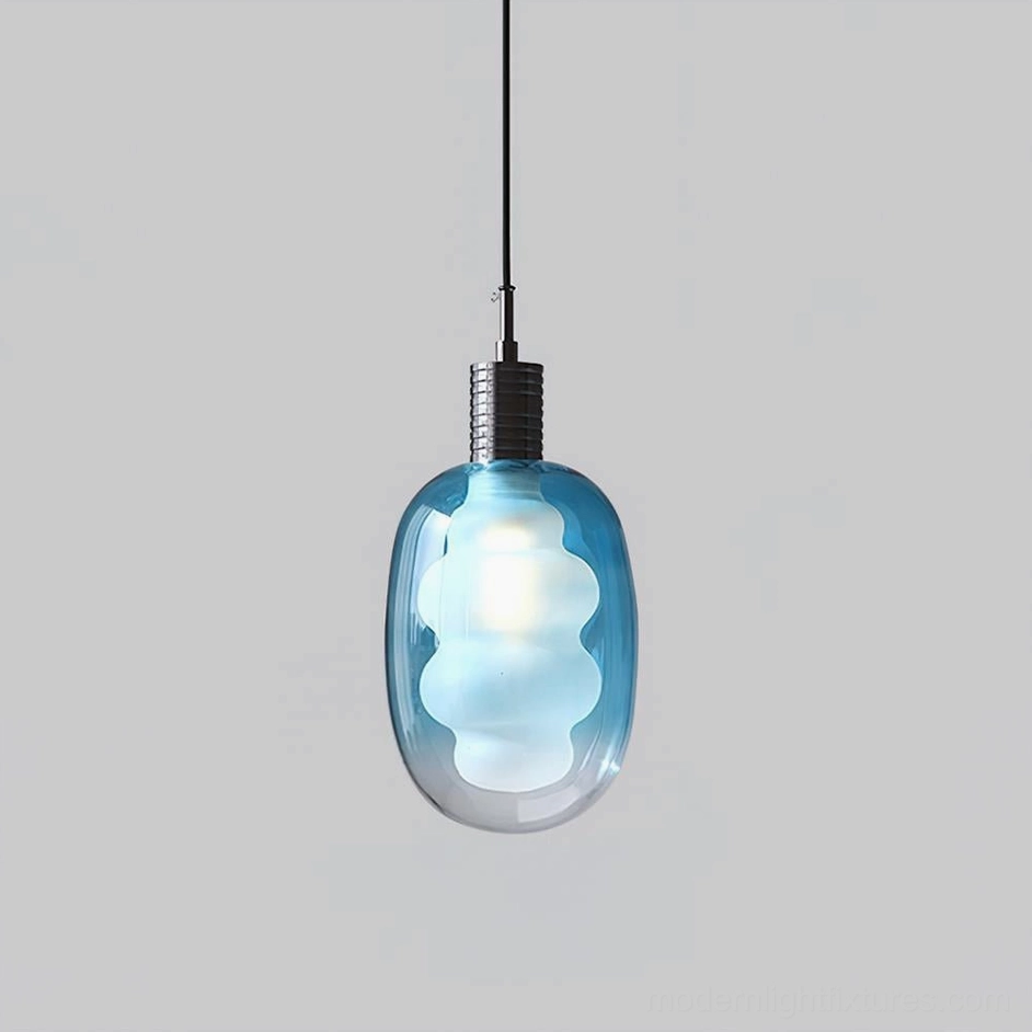 Nimbus Black and Blue pendant light, color option display, handblown glass shade with matte black metal cap