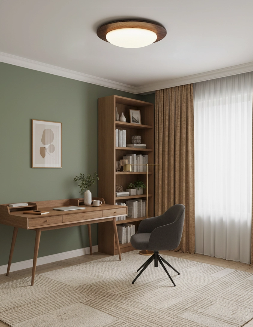 Niseko warm white overhead light in contemporary home office with green accent wall, bookshelf and desk workspace