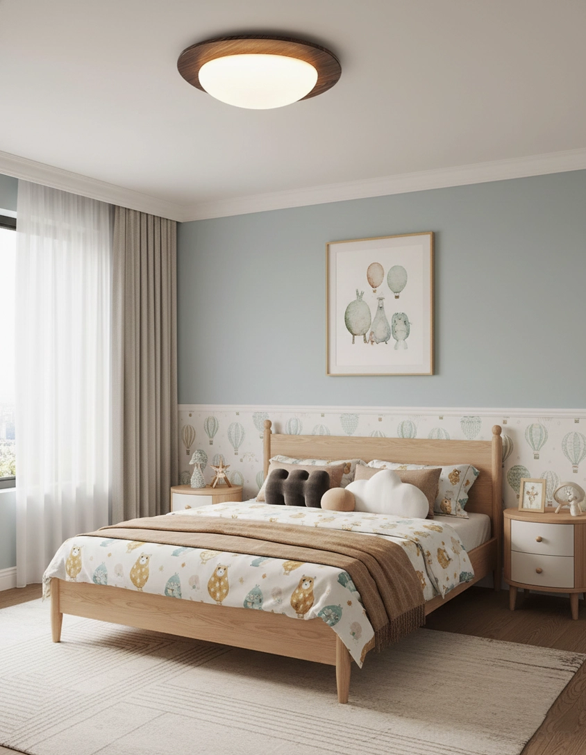 Niseko LED ceiling light in kids bedroom with wooden bed frame and wall art, soft warm neutral styling